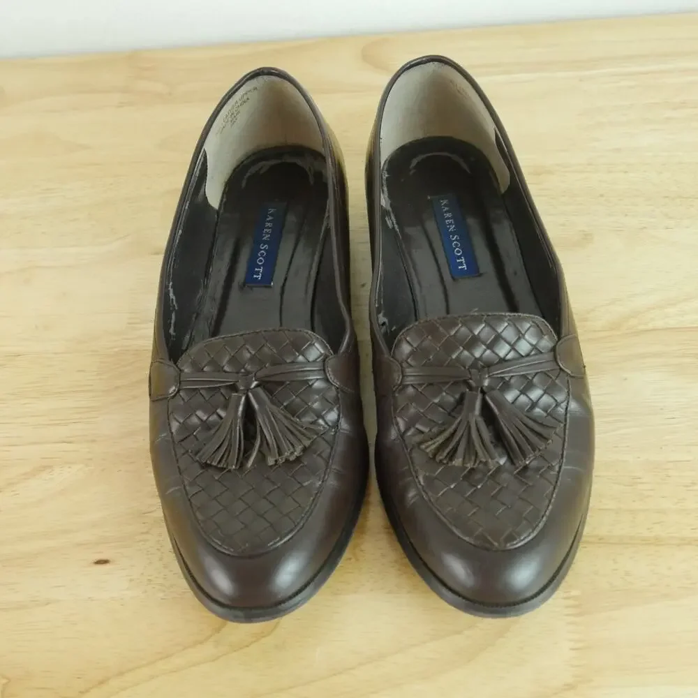 Vintage 8 Woven Leather Tassel‎ Loafers Preppy Slip On Flats Heritage Brown 90s